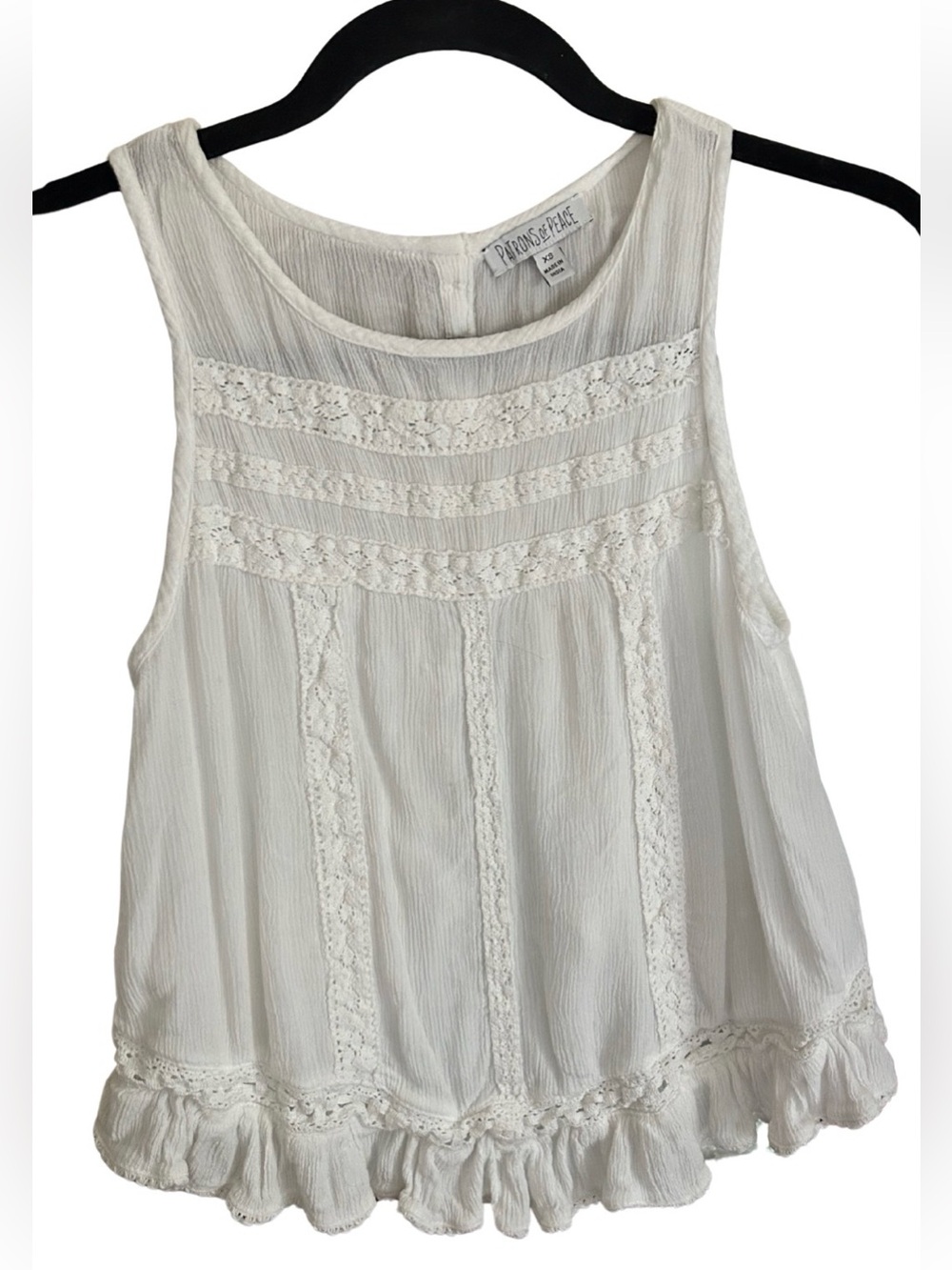 Patrons of Peace Lace Detail Open Back Boho Crop Top Tank | White | Size XS